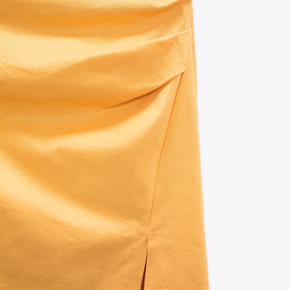 NWT ZARA Tropical Yellow Linen Blend Ruched Midi Skirt L - Picture 8 of 8